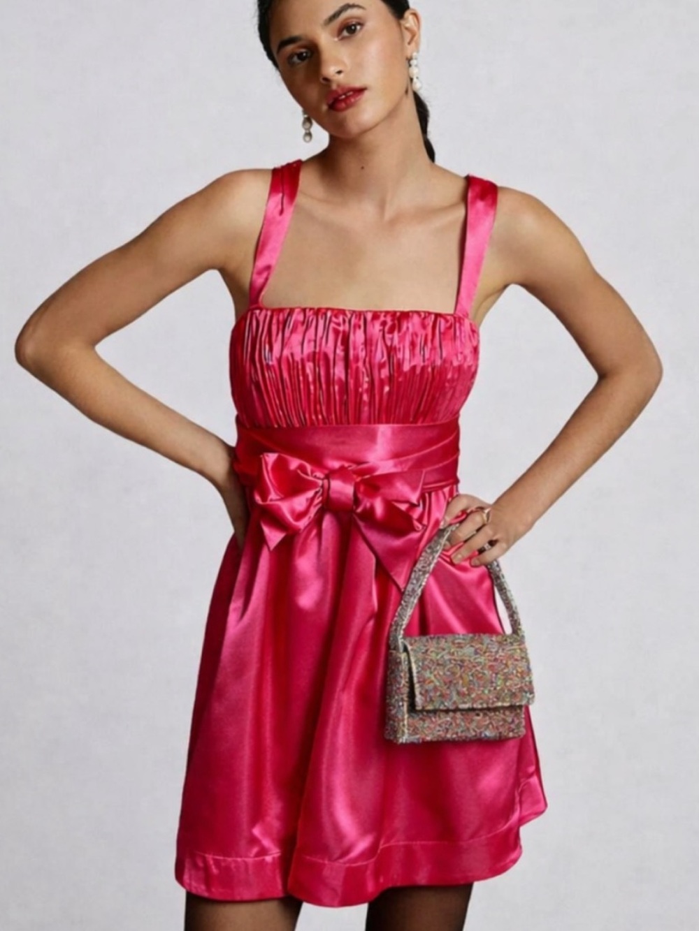 Maeve Anthropologie | Satin Mini Dress Bow Tie  Party Barbiecore Pink Size 16